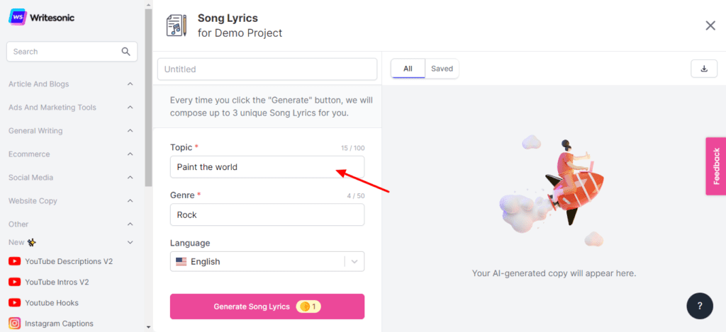 Selecting use case in Writesonic