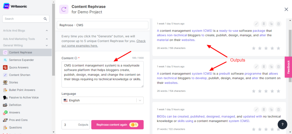 Writesonic Content Rephrase