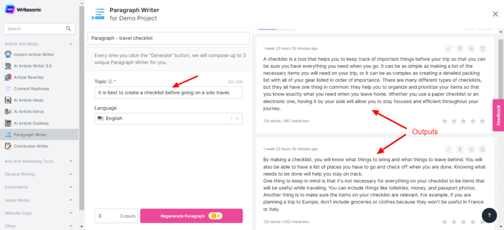 Writesonic Paragraph Writer