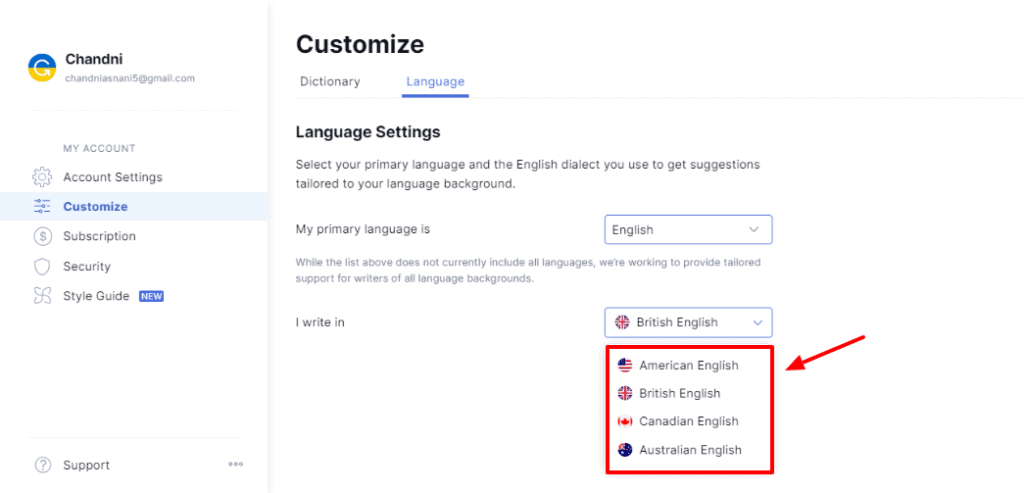 Grammarly English Language Version