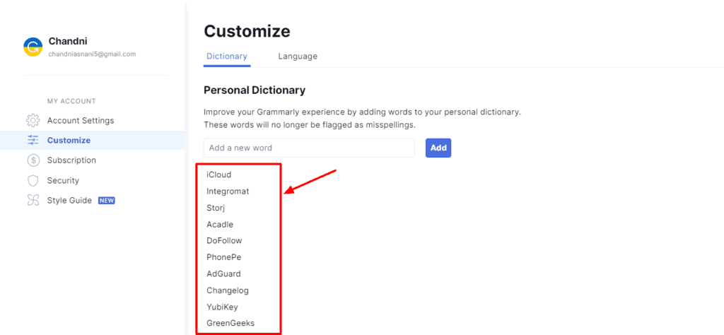 Grammarly Personal Dictionary