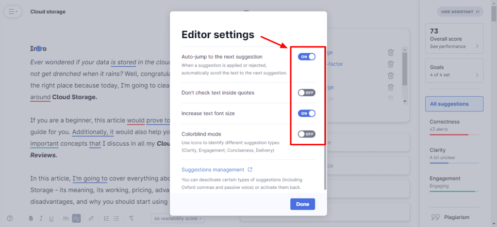 Grammarly web app settings