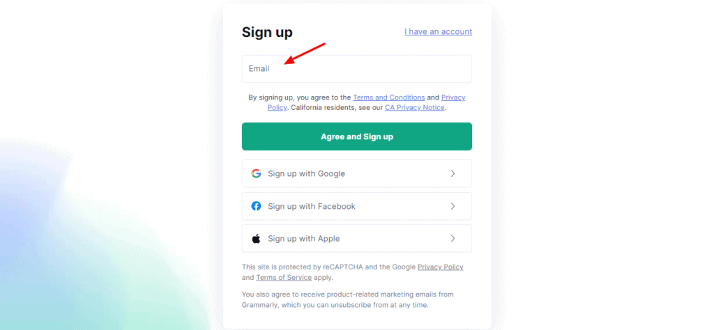 Signing up on Grammarly