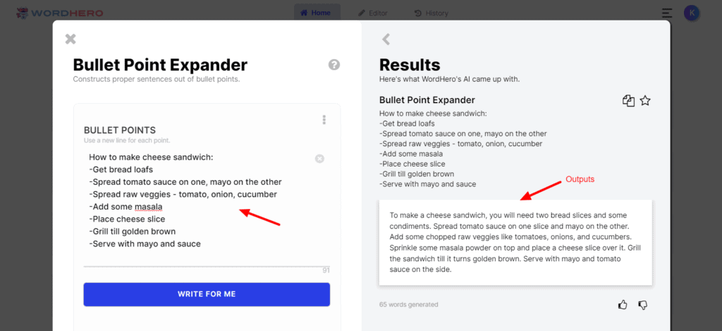 WordHero Bullet Points Expander