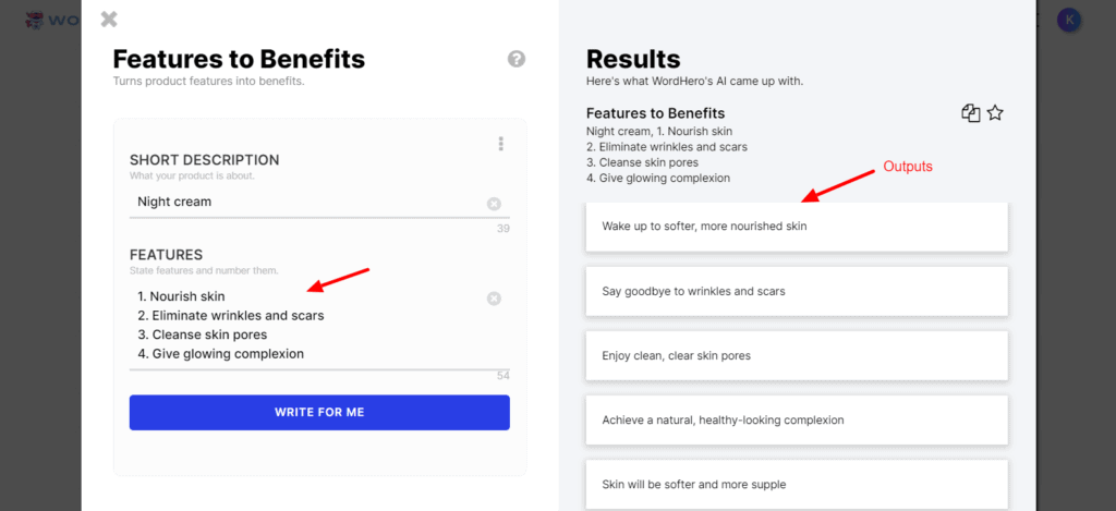 WordHero Features to Benefits