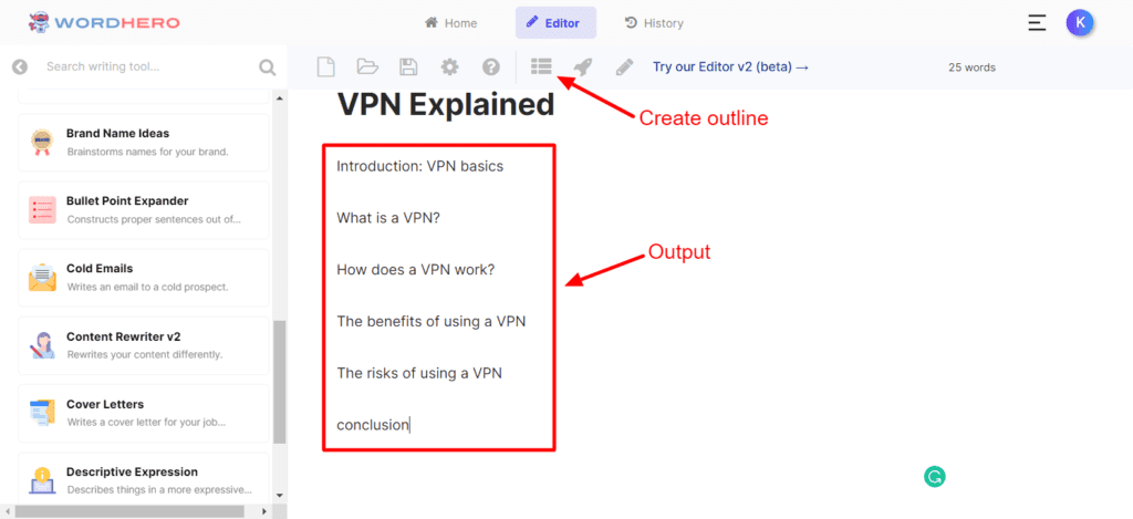 Creating an outline with WordHero Long form editor