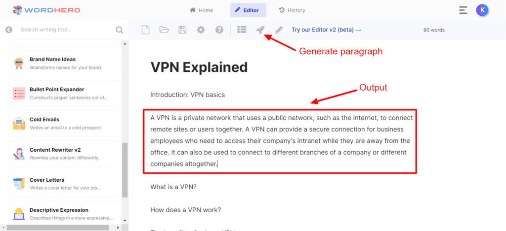 Generating a paragraph with WordHero Long form editor