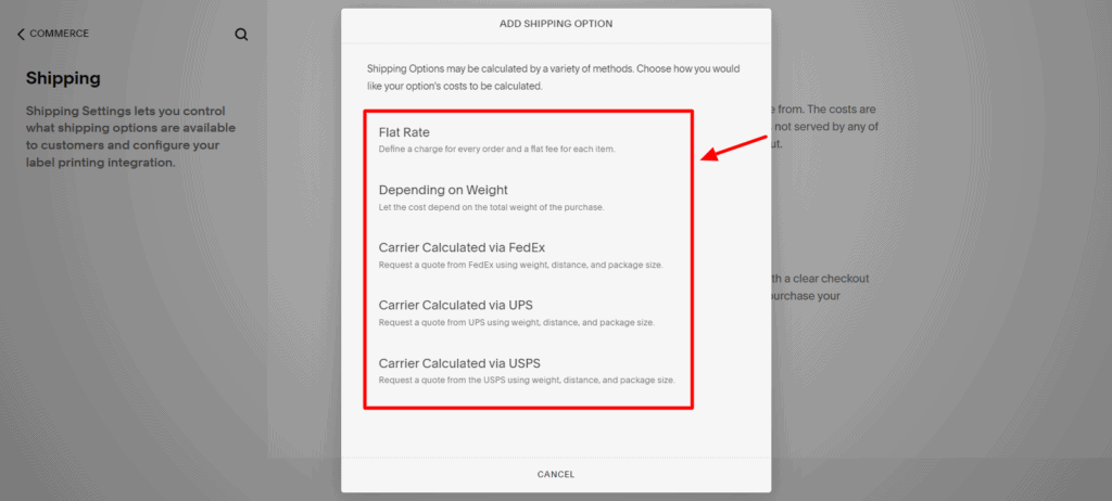 Shipping methods on Squarespace