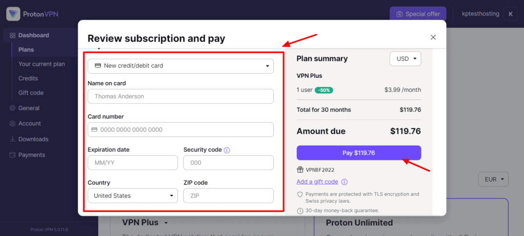 Adding Billing Details on Proton VPN