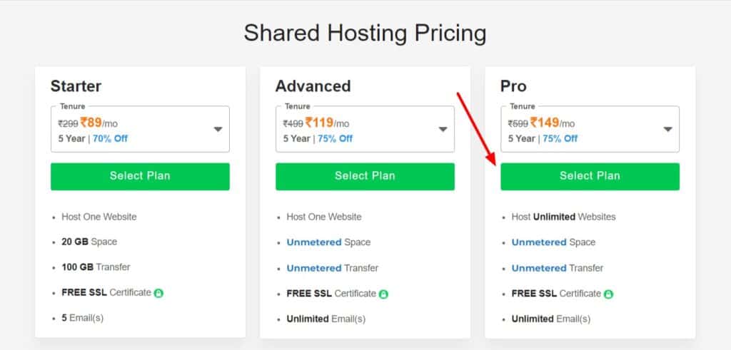 BigRock shared hosting prices