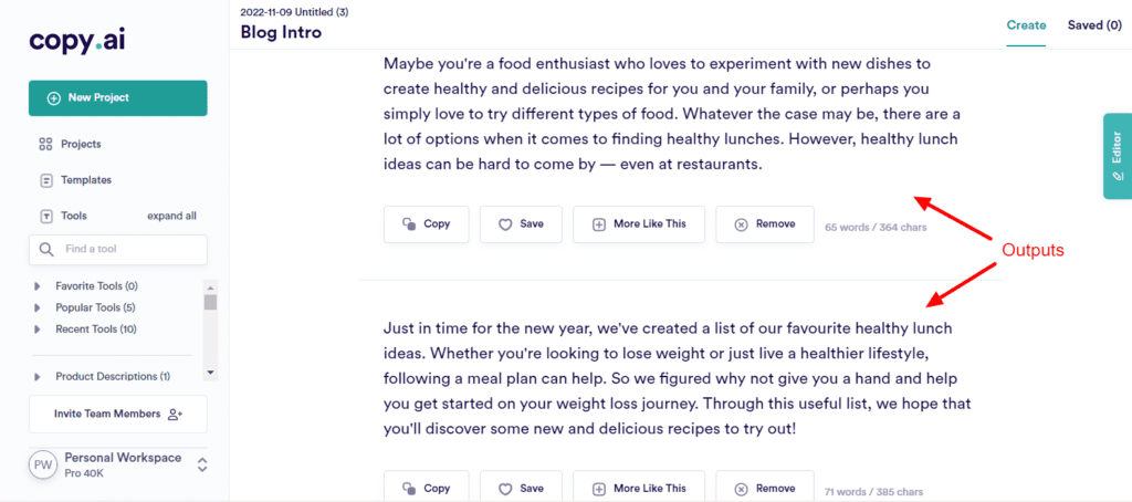 CopyAI Blog Intro Outputs
