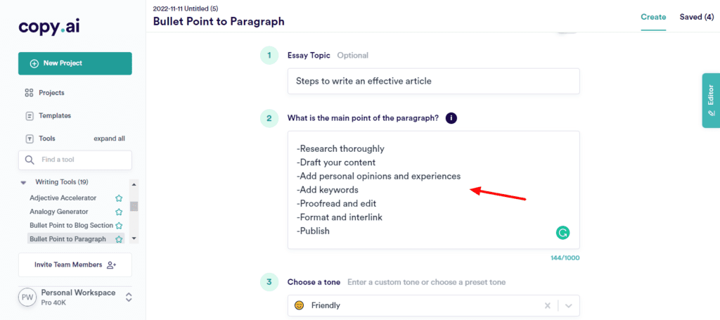 CopyAI Bullet Point to Paragraph Input