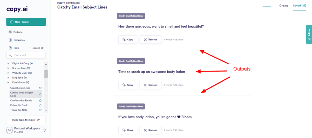 CopyAI Catchy Email Subject Lines Outputs
