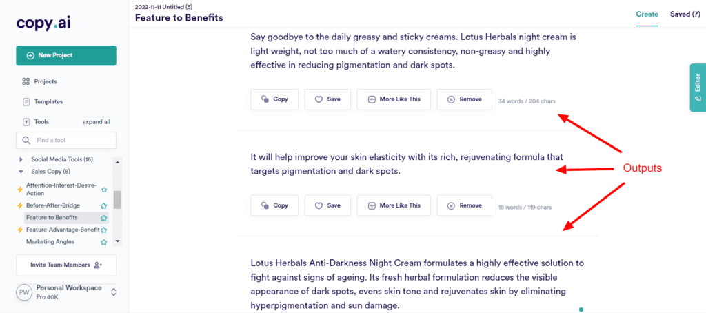 CopyAI Features to Benefits Outputs