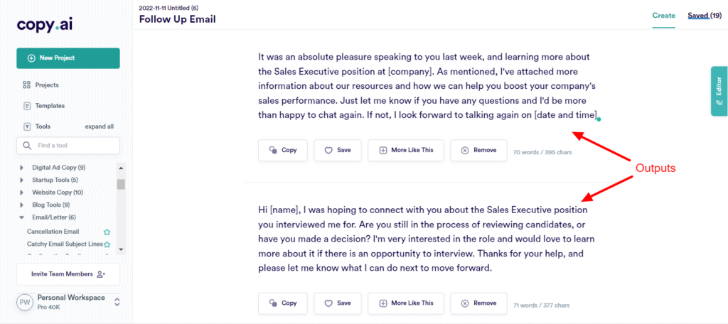 CopyAI Follow-Up Email Outputs