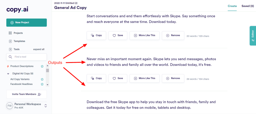 CopyAI General Ad Copy Outputs