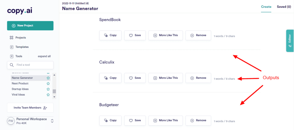 CopyAI Name Generator Output