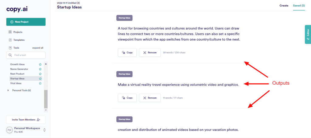 CopyAI Startup Ideas Outputs