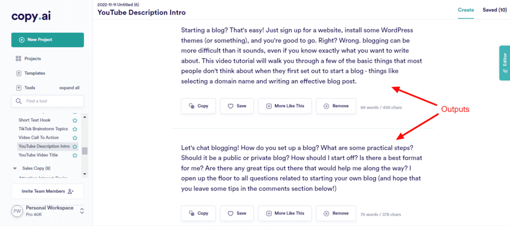 CopyAI YouTube Video Description Outputs