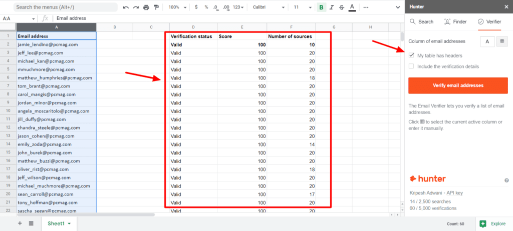 Hunter add-on for Google Sheets