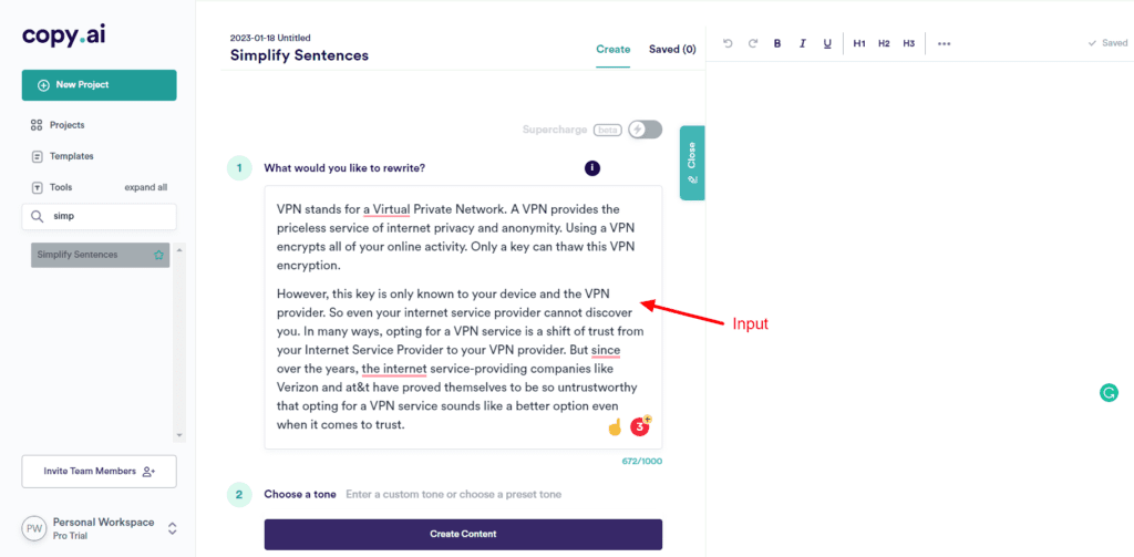 CopyAI Simplify Sentences Input