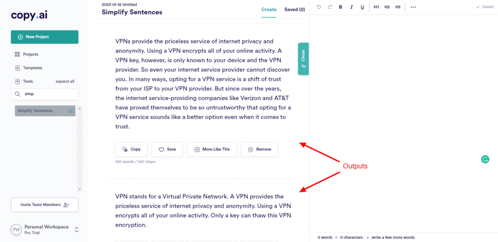 CopyAI Simplify Sentences Outputs