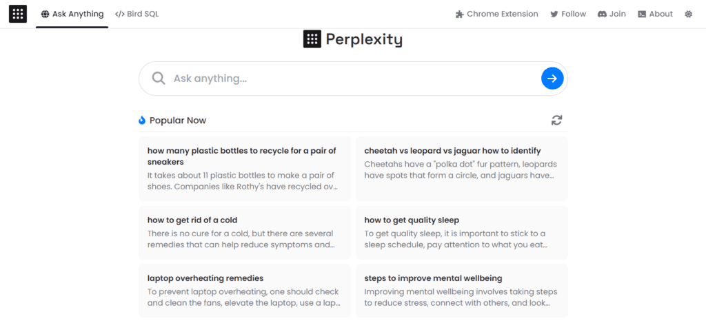 Perplexity AI homepage