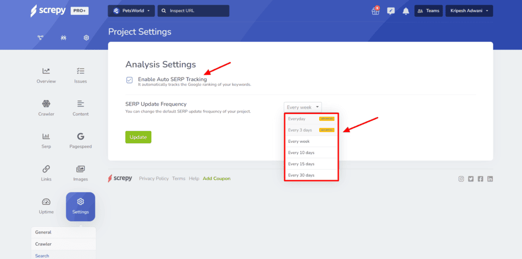 Screpy SERP Analysis Settings