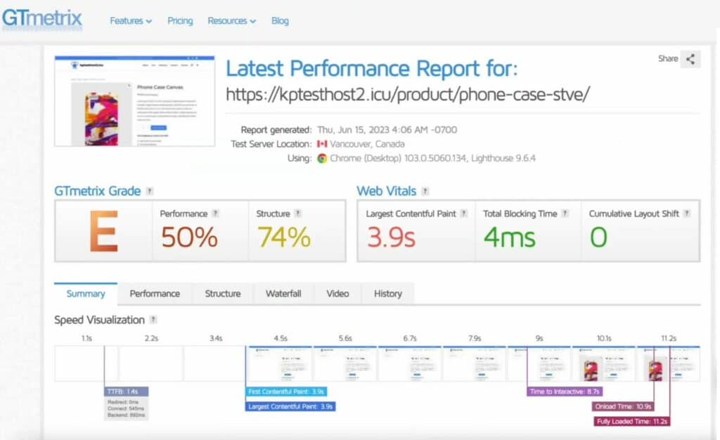 GTMerix Speed Test without NitroPack