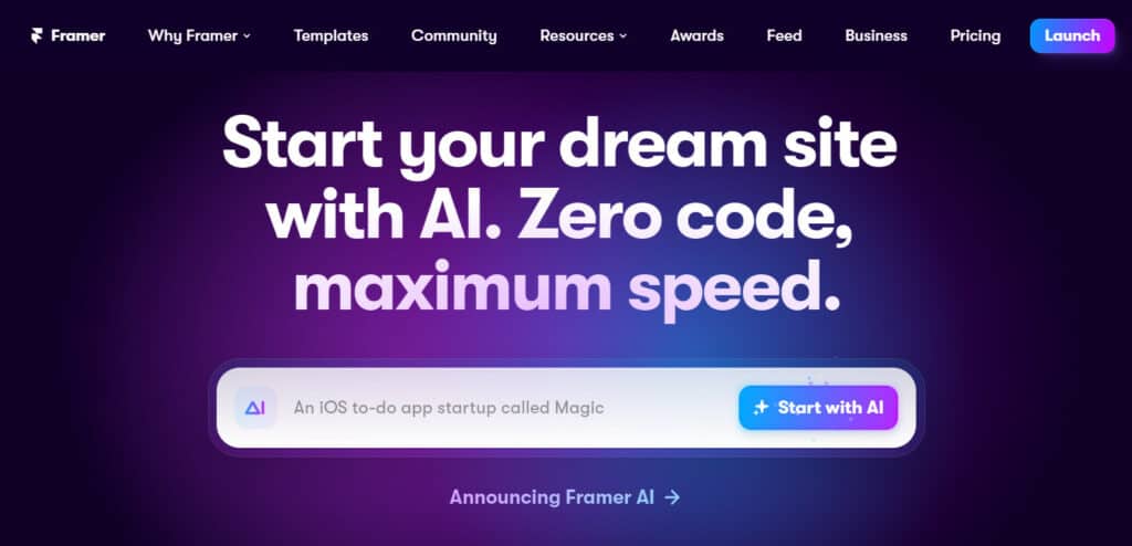Framer AI website builder homepage