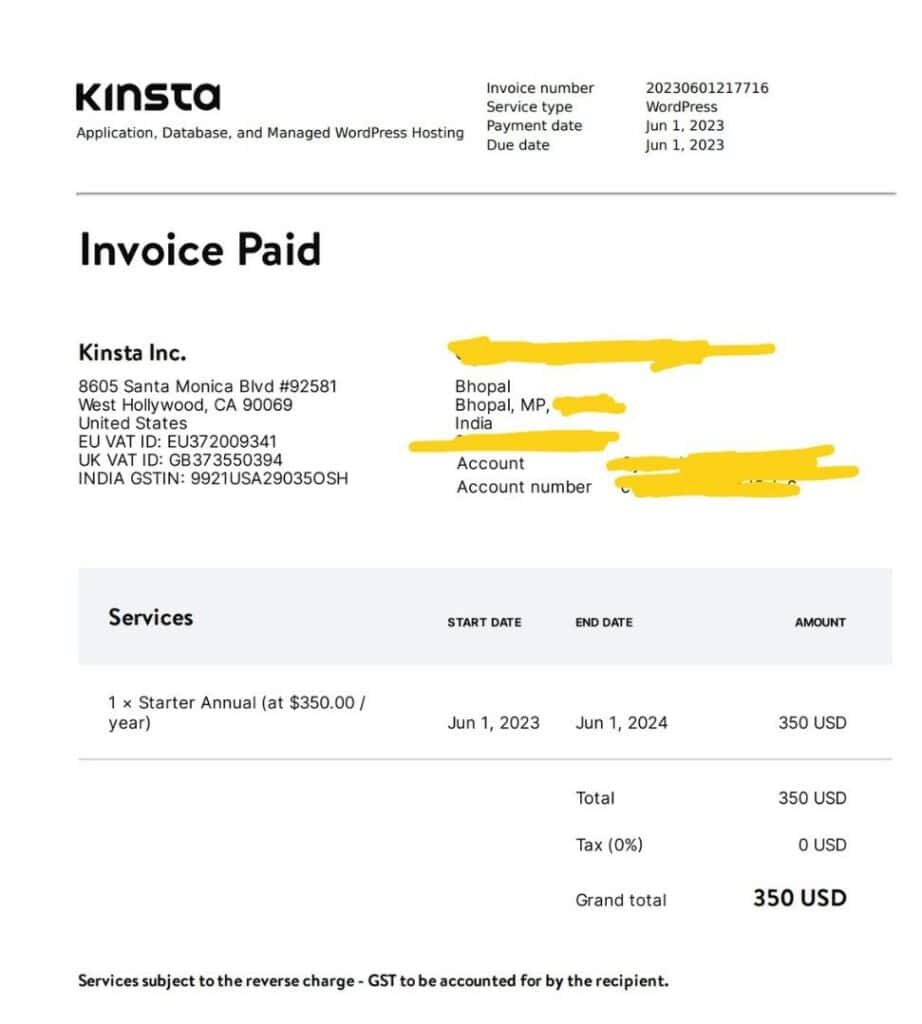 Kinsta Invoice