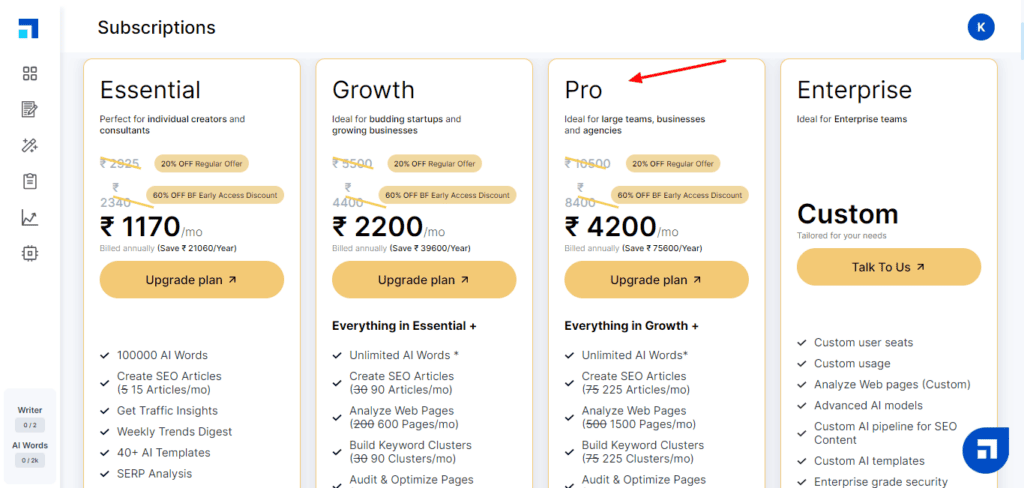 Choosing a plan on Scalenut