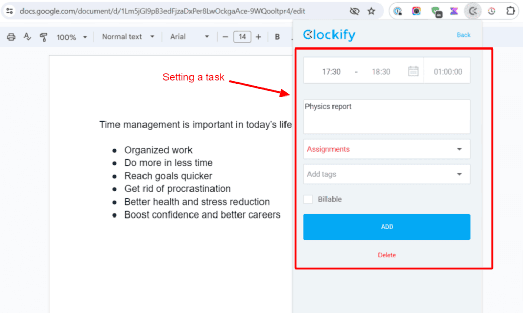 Setting a task in Clockify