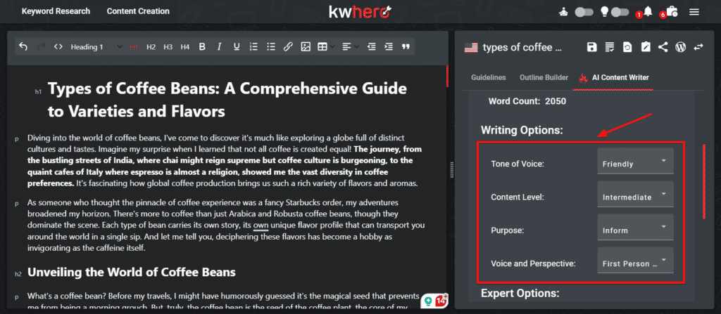 KWHero AI Content Writer Settings