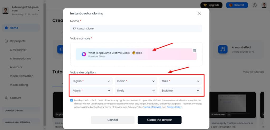 DupDub AI avatar cloning settings