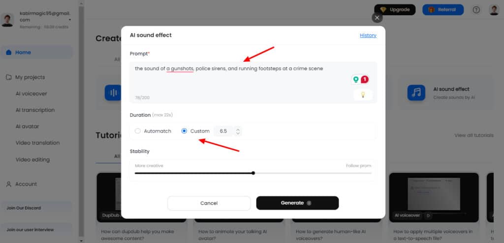 DupDub AI sound effect settings