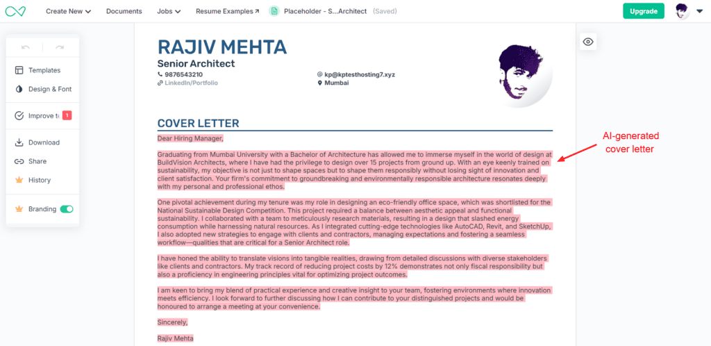 Enhancv - cover letter generator