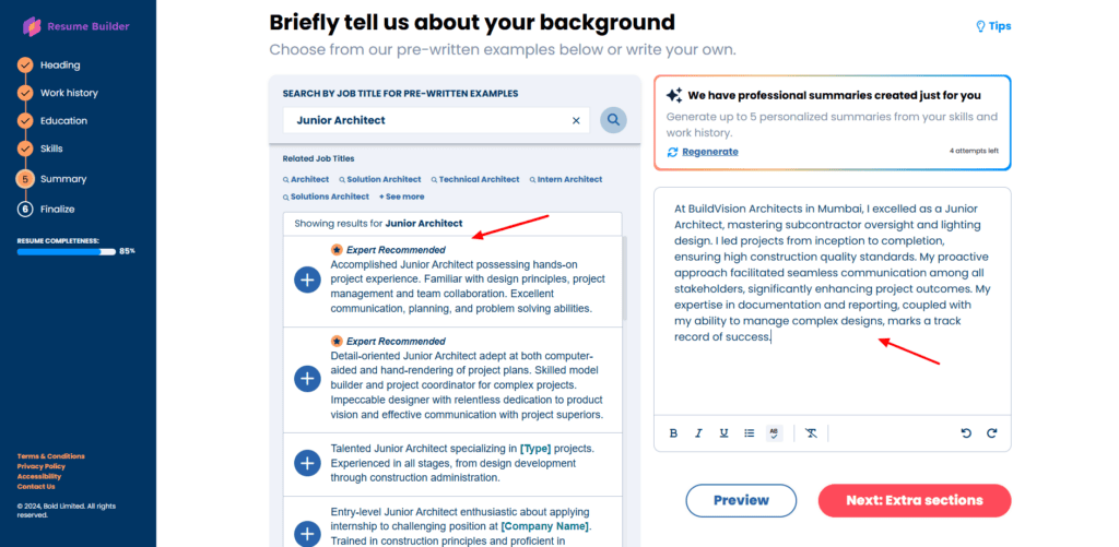 Resume Builder - AI generated summaries