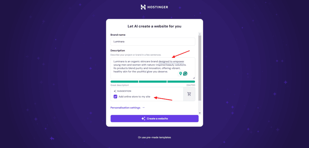 Hostinger website builder - AI integration