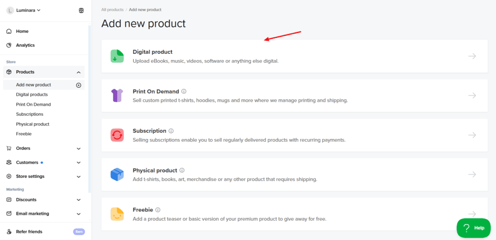 Sellfy - product types