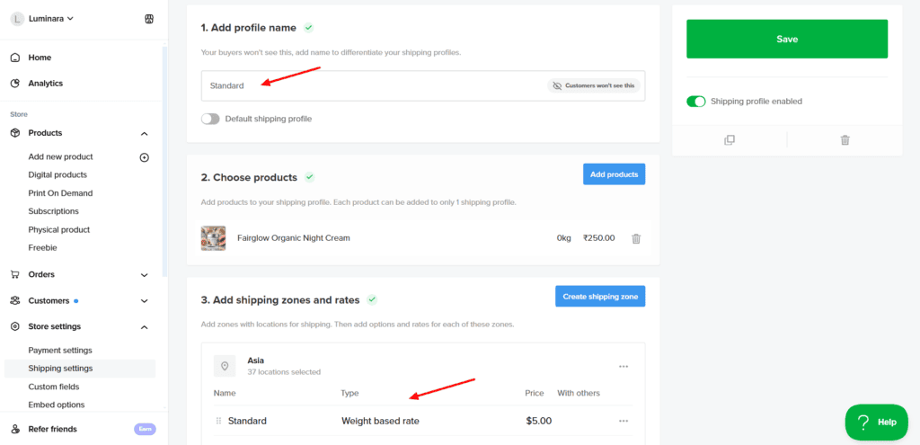 Sellfy - shipping profiles