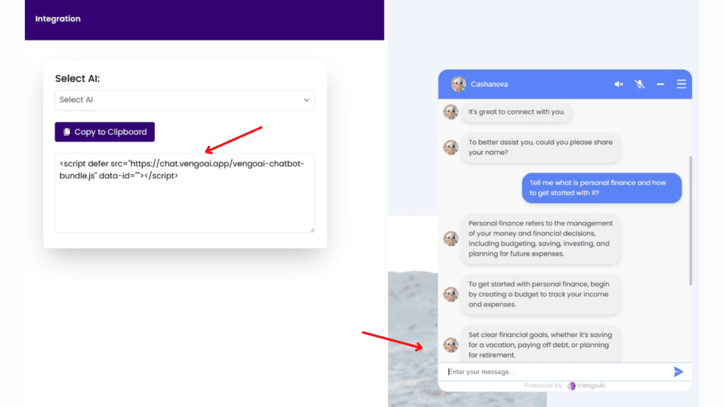 Vengo AI - adding chatbot to website