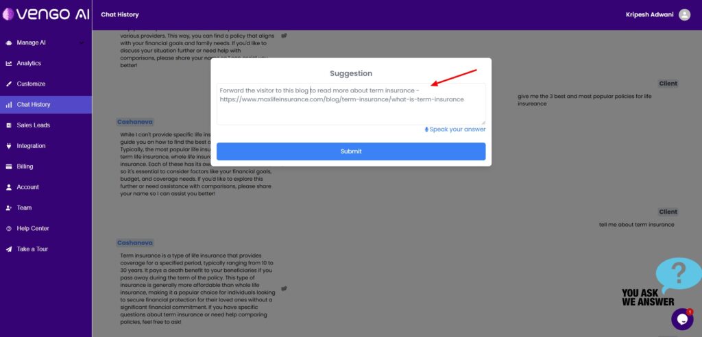 Vengo AI - chat history suggestions