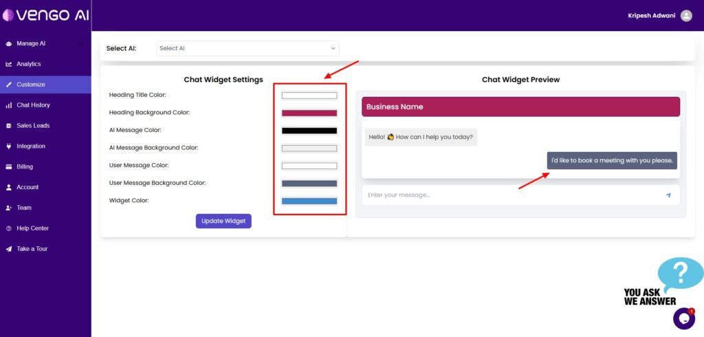 Vengo AI - chat widget customization settings
