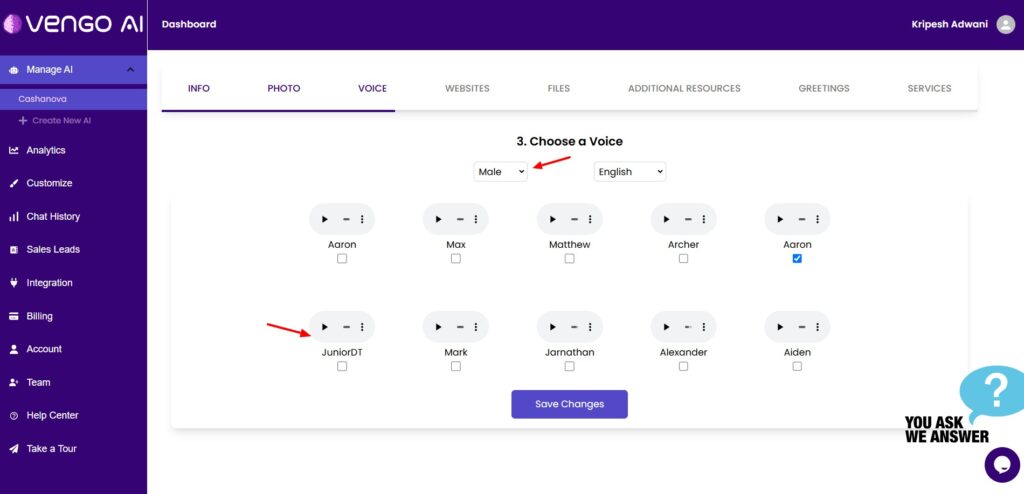 Vengo AI - voice options