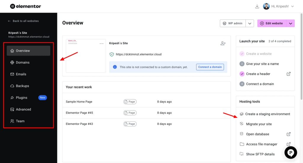 Elementor hosting - user interface