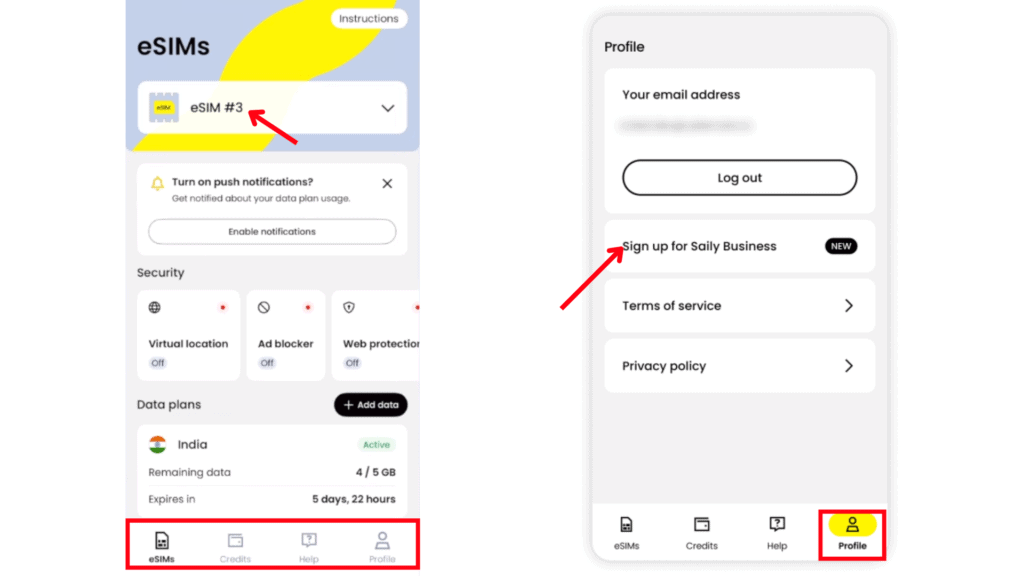 Saily app User Interface