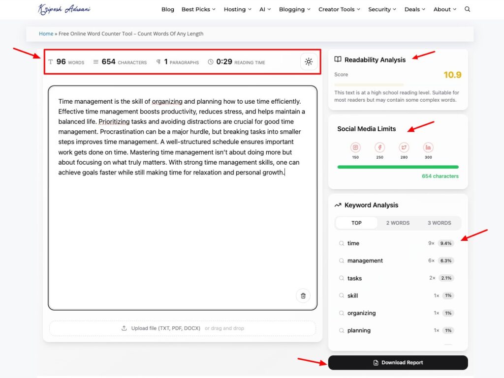 Word counter tool