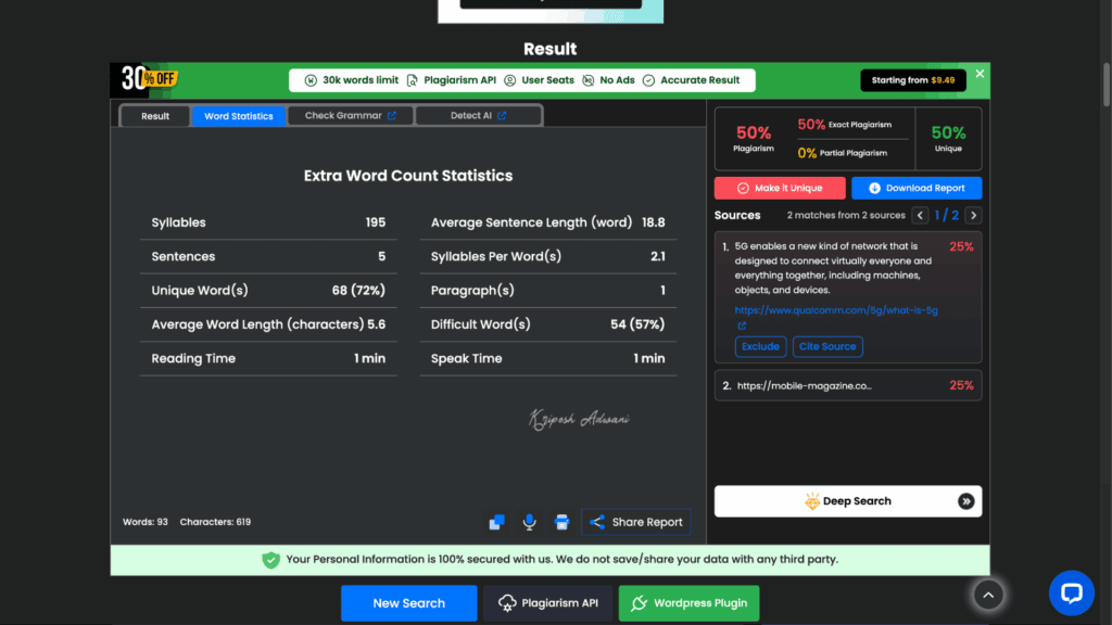 SmallSEOTools word count statistics for doc 1